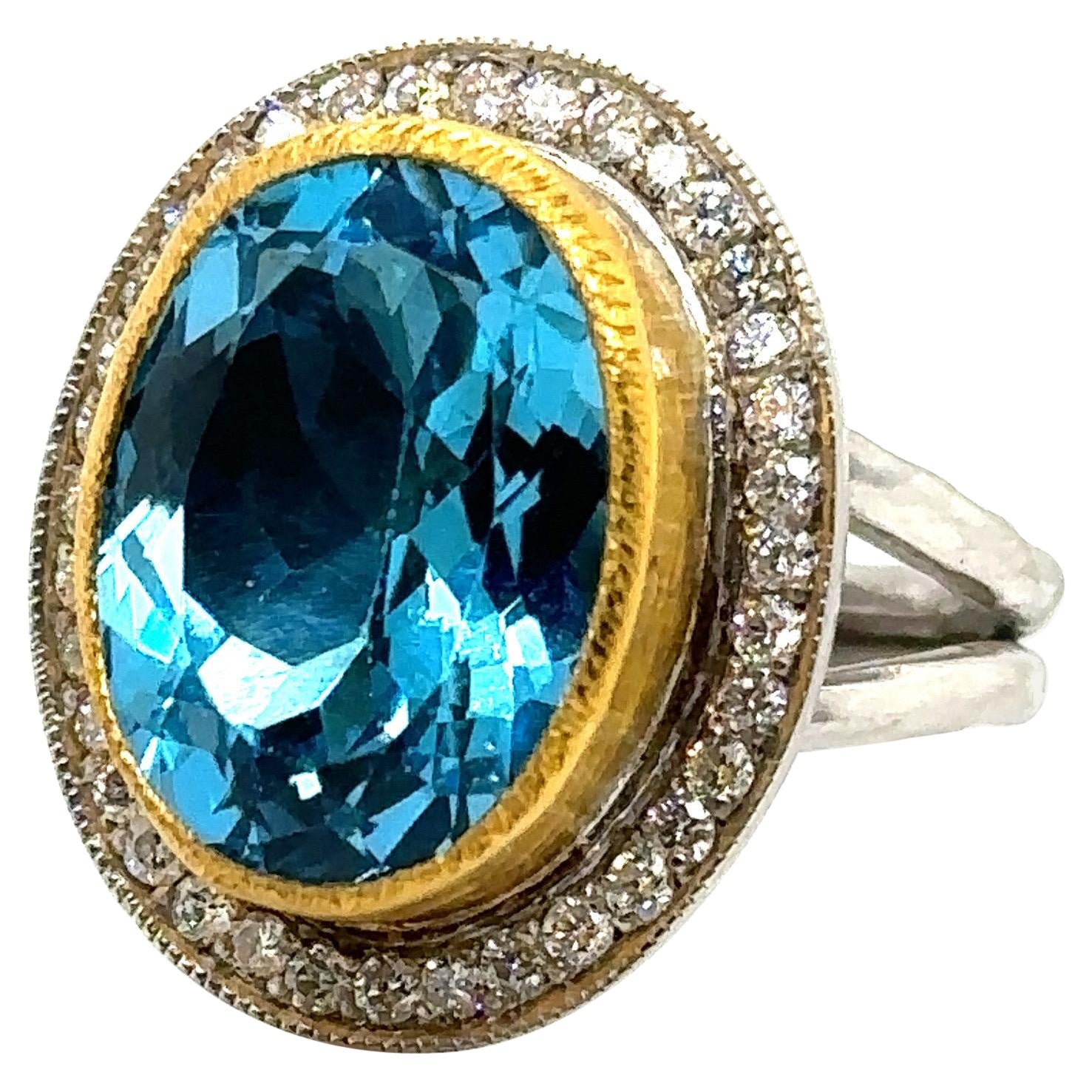 JAS-22-305 - 24K GOLD/STERLING SILVER RING with DIAMONDS AND SWISS BLUE TOPAZ For Sale