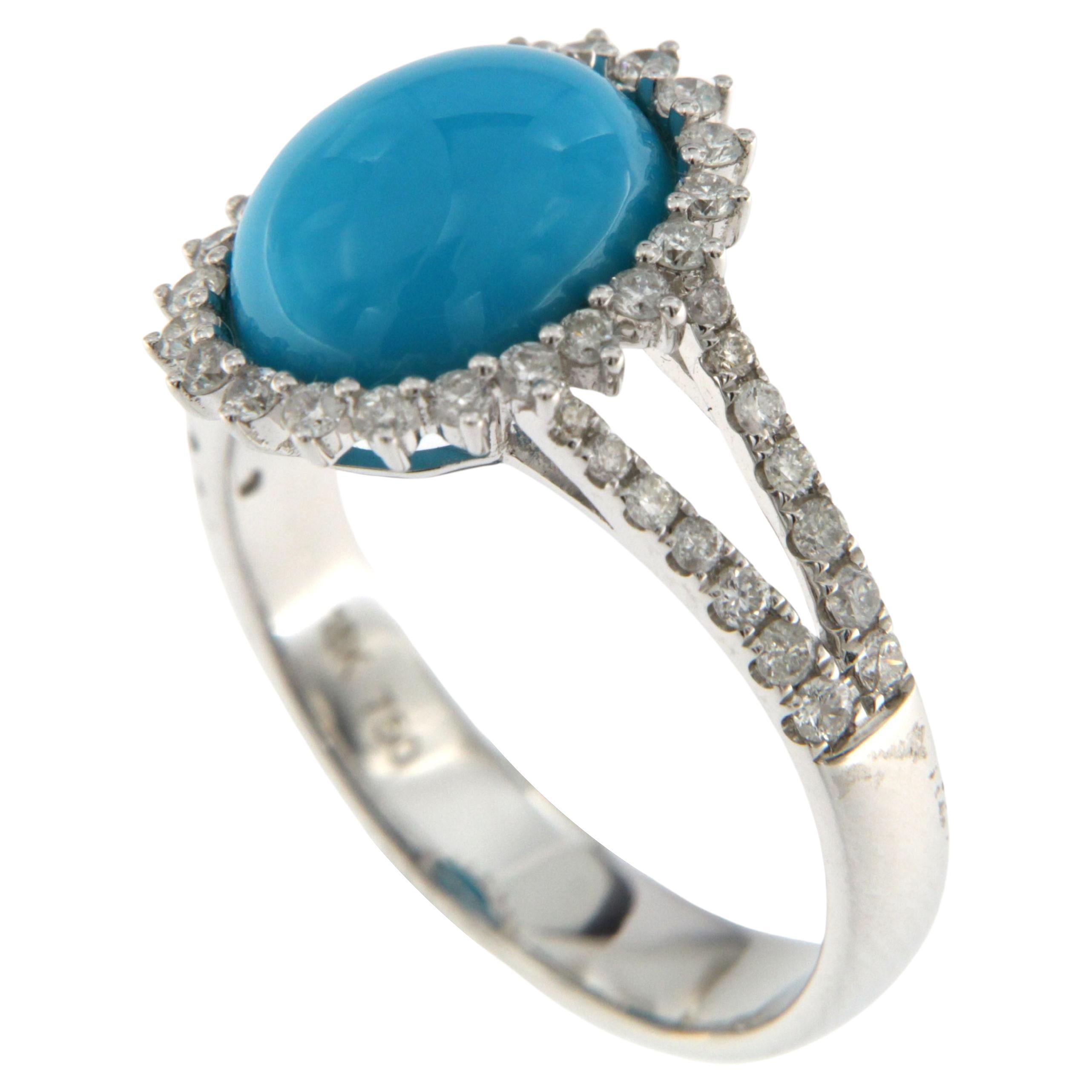 Sleeping Beauty Turquoise Diamond Ring in 14 Karat White Gold  For Sale