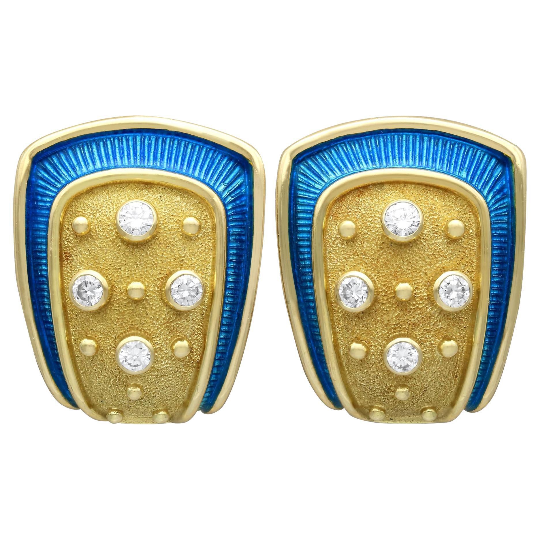 1990s Enamel 0.88 Carat Diamond and 18k Yellow Gold Earrings by De Vroomen
