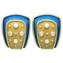 1990s Enamel 0.88 Carat Diamond and 18k Yellow Gold Earrings by De Vroomen