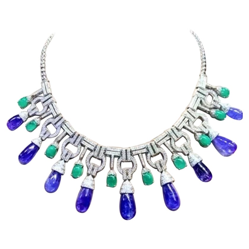 AIG certified 166.42 Ct Tanzanites  Emeralds 19.76 Ct Diamonds 9.48 Ct Necklace  For Sale