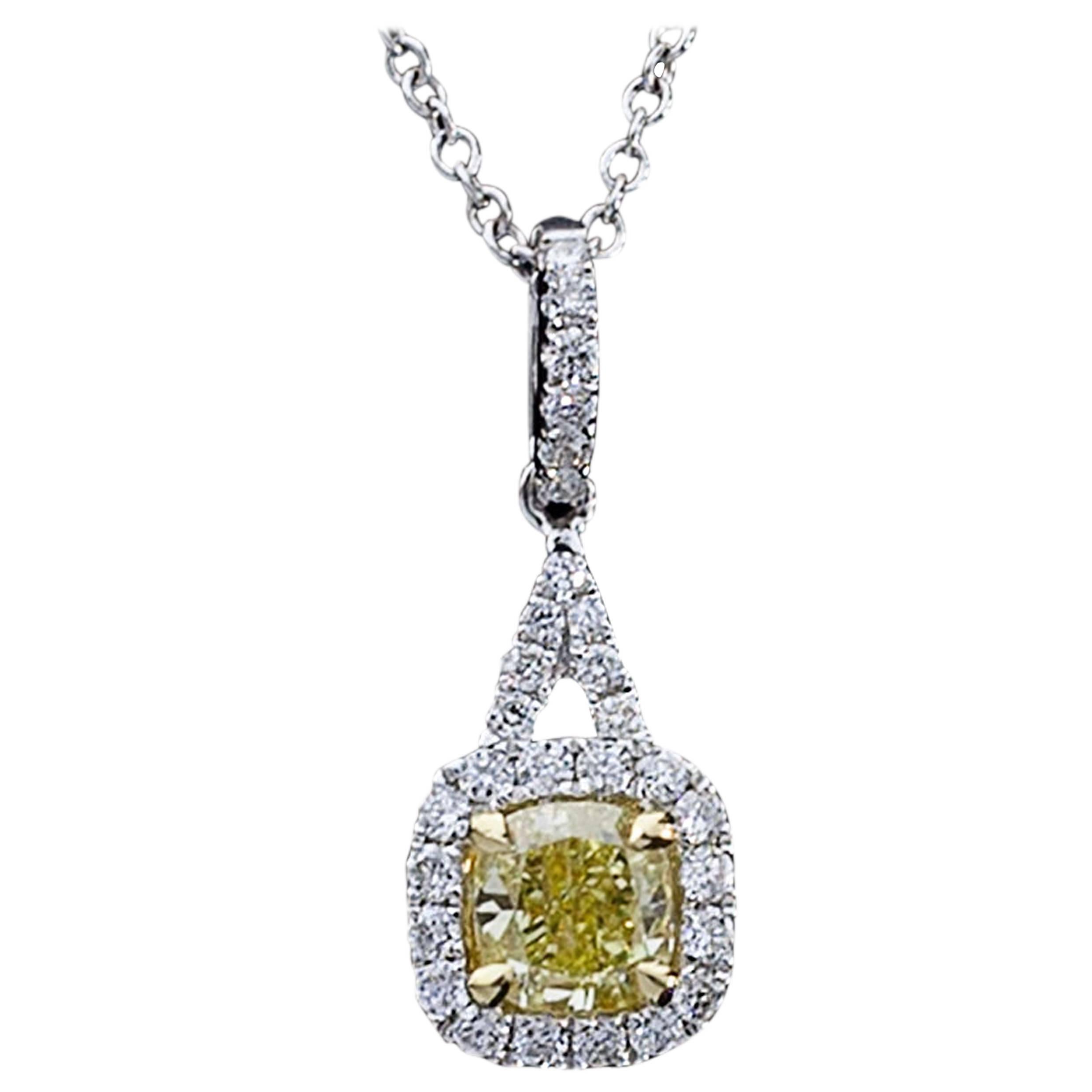 1.15 Carats Canary Cushion Diamond Halo Two Color Gold Pendant Necklace