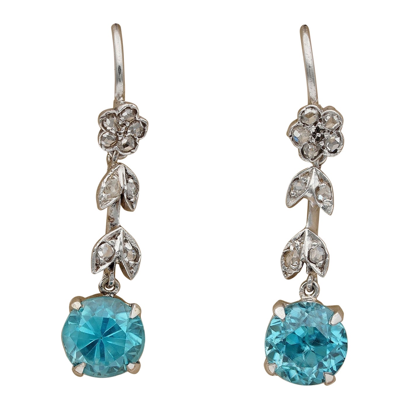Art Deco Blue Zircon Rose Cut Diamond Platinum Petit Drop earrings For Sale