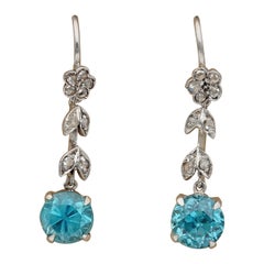 Art Deco Blue Zircon Rose Cut Diamond Platinum Petit Drop earrings