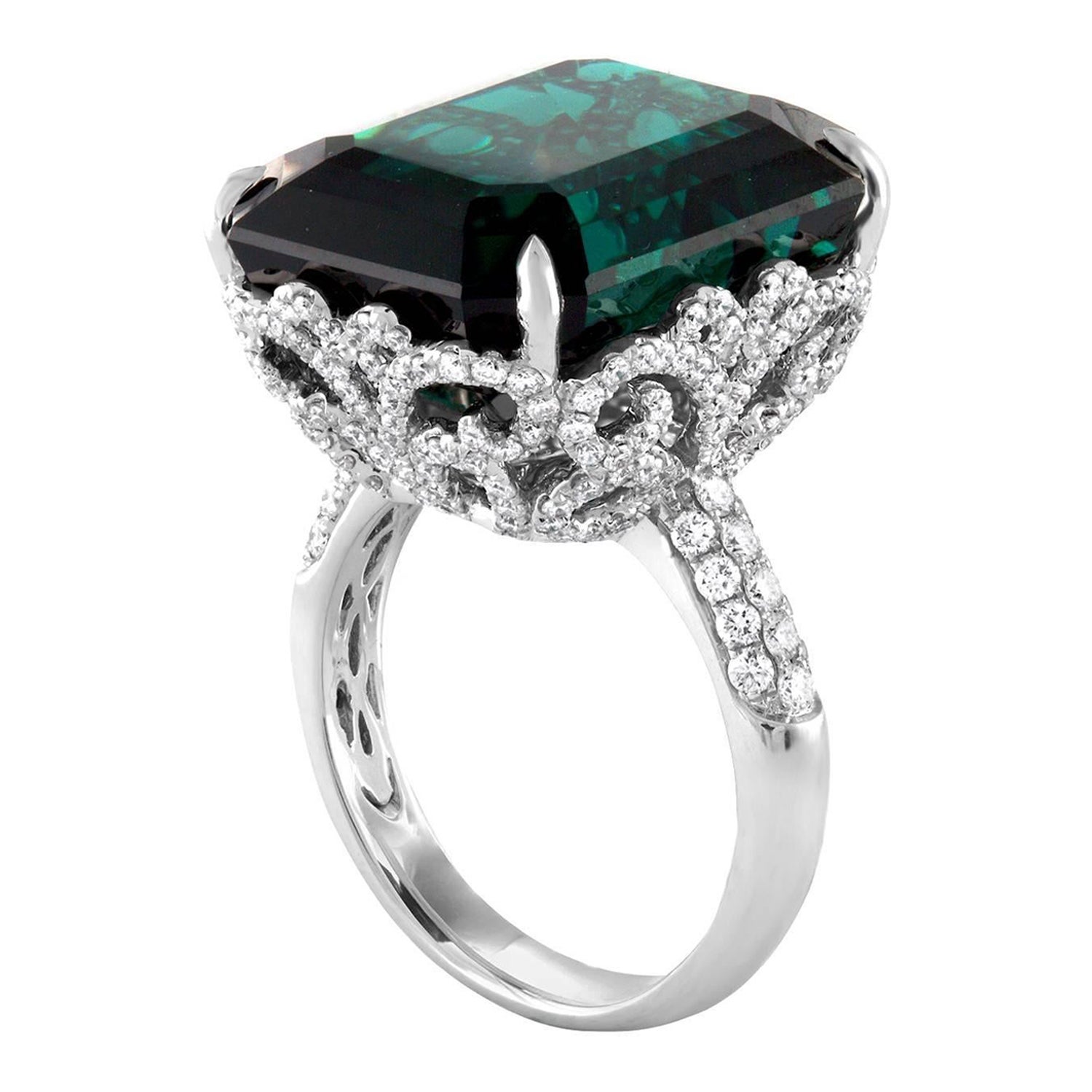 GIA Certified 22.17 Carat Dark Bluish Green Tourmaline and Diamond Gold Ring For Sale