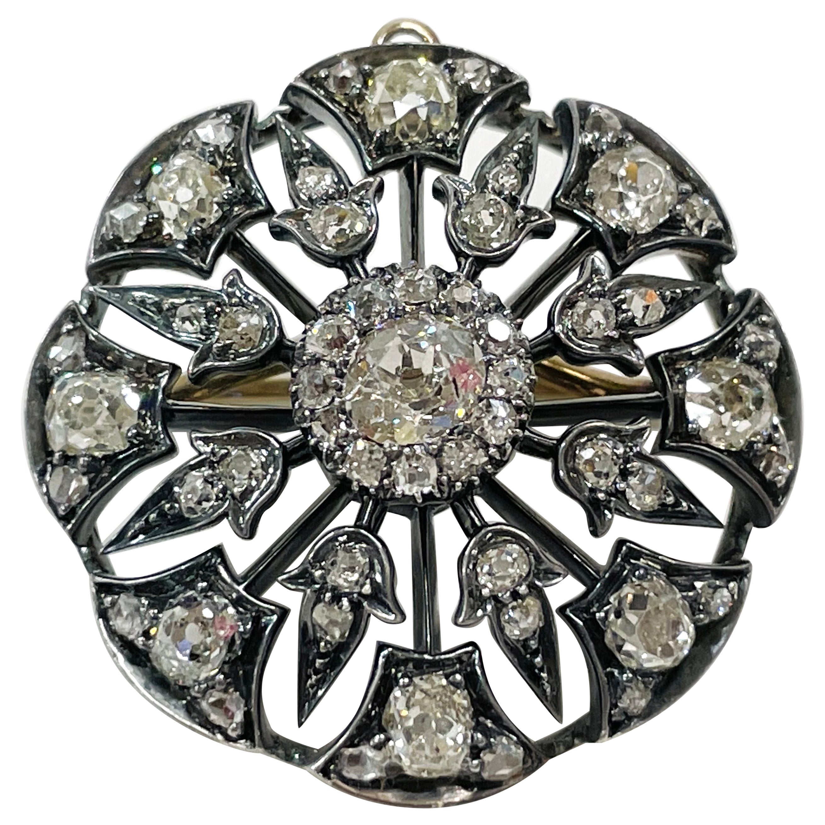 Victorian Duo-Tone Euro-Cut Diamond Pendant Mourning Brooch For Sale