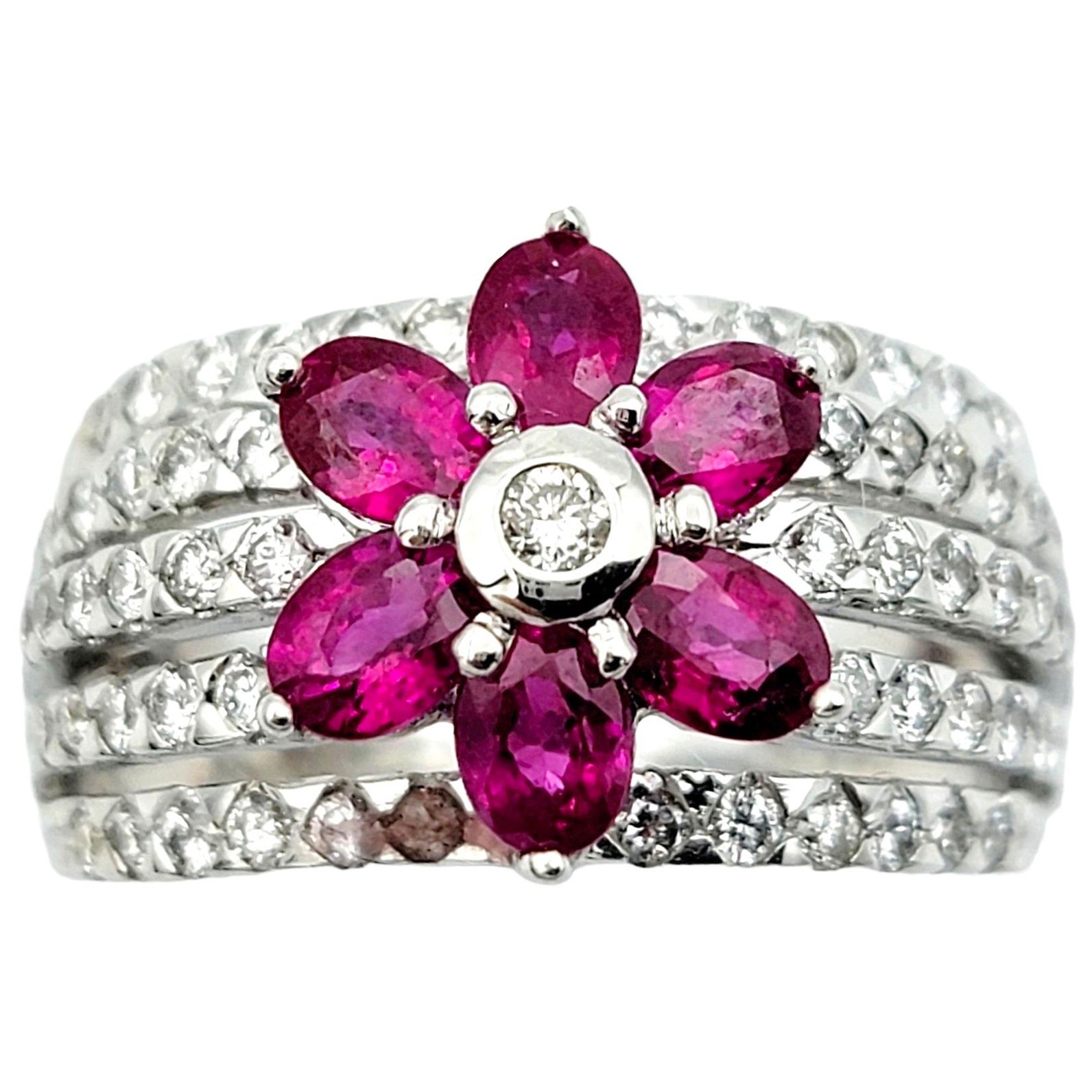 Le Vian Multi Row Diamond Band Ring with Ruby Flower Motif, 18 Karat White Gold For Sale