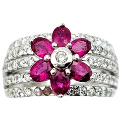 Le Vian Multi Row Diamond Band Ring with Ruby Flower Motif, 18 Karat White Gold
