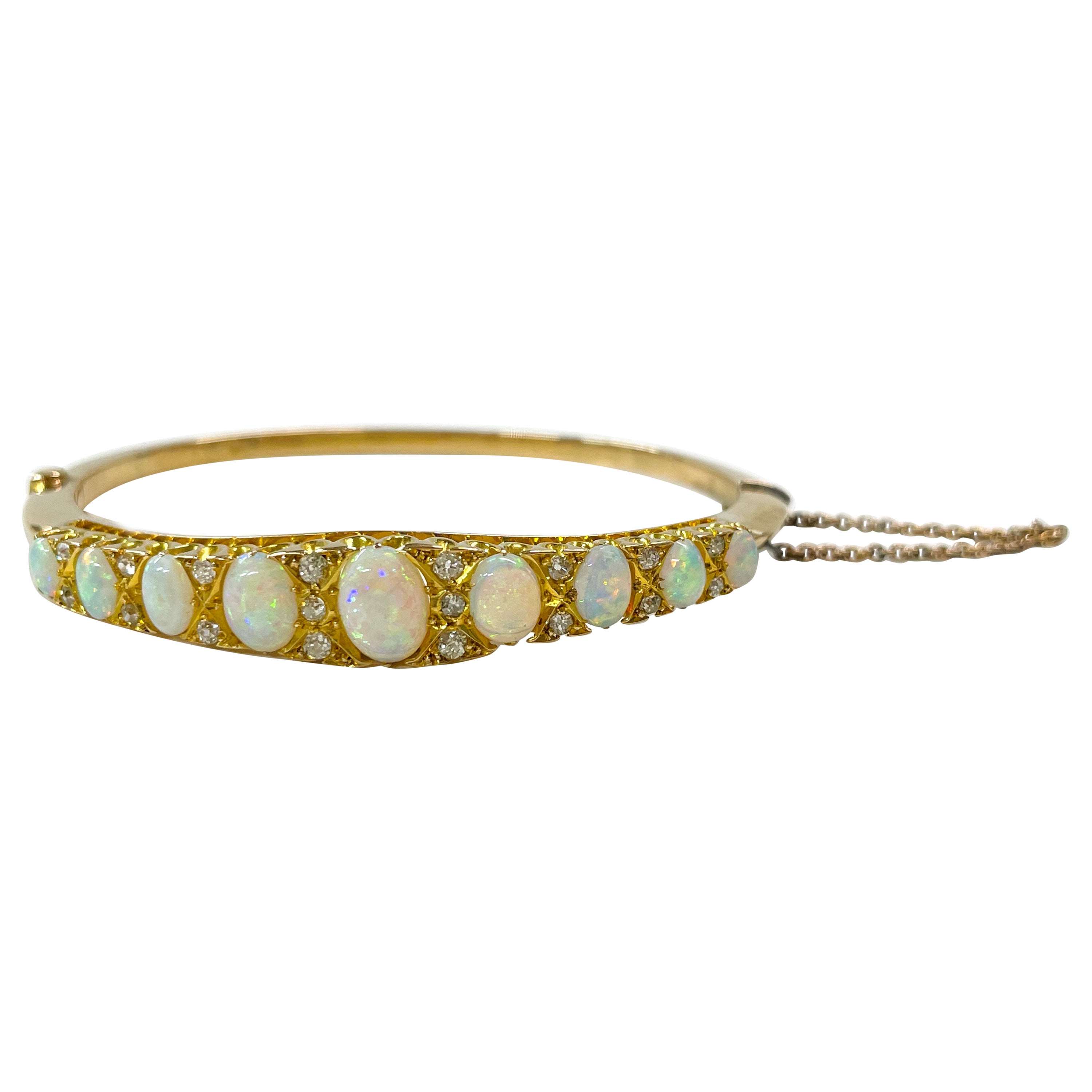 Antique Yellow Gold Opal Diamond Bangle Bracelet For Sale