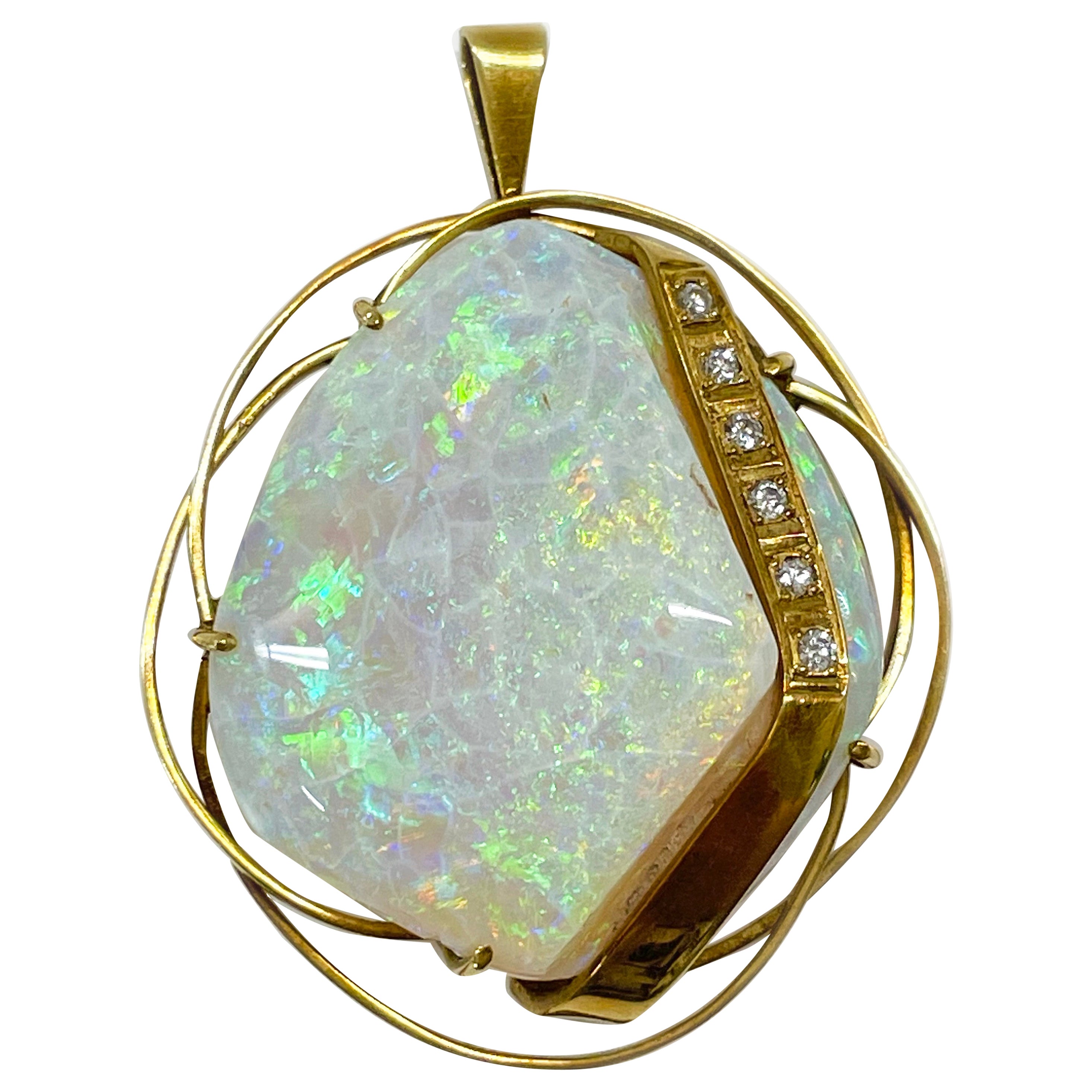 Yellow Gold Opal Diamond Pendant For Sale