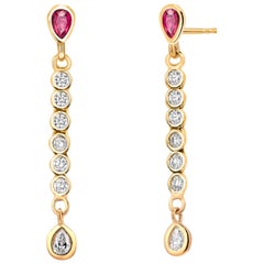  Pear Ruby Pear Diamond Linear 0.85 Carat Yellow Gold 1.25 Inch Drop Earrings 