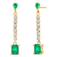 Matched Four Emeralds Linear Diamond 2 Carat Yellow Gold 1.25 Inch Long Earrings