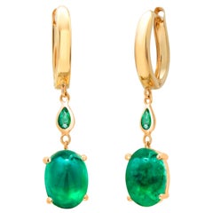 Cabochon Emeralds Pear Emeralds 5.60 Carat Yellow Gold 1.45 Inch Long Earrings