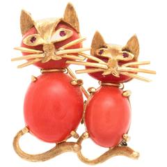 Coral Gold Cats Brooch