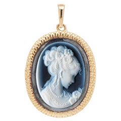 14K Yellow Gold Princess Lady Victorian Agate Cameo Carving Pendant Necklace