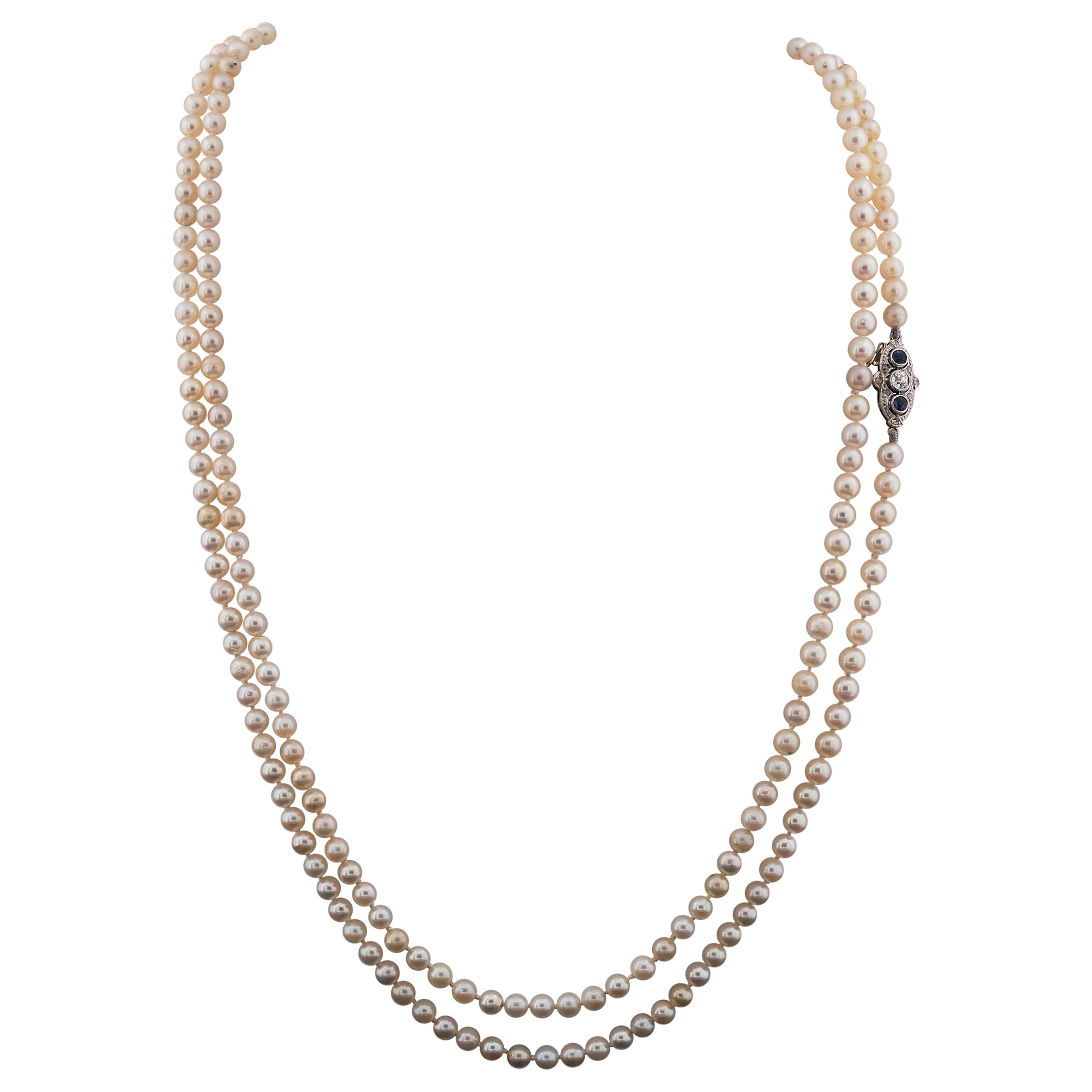 Art Deco Pearl Single Strand Sapphire Diamond 18 Kt Clasp