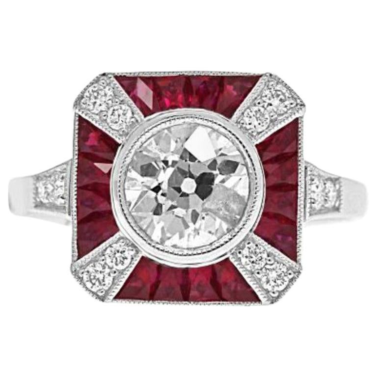 Sophia D. Art Deco 1.07 Carat Center Round Diamond and Ruby Platinum Ring For Sale