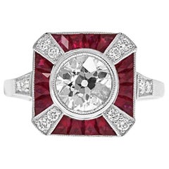 Sophia D. Art Deco 1.07 Carat Center Round Diamond and Ruby Platinum Ring