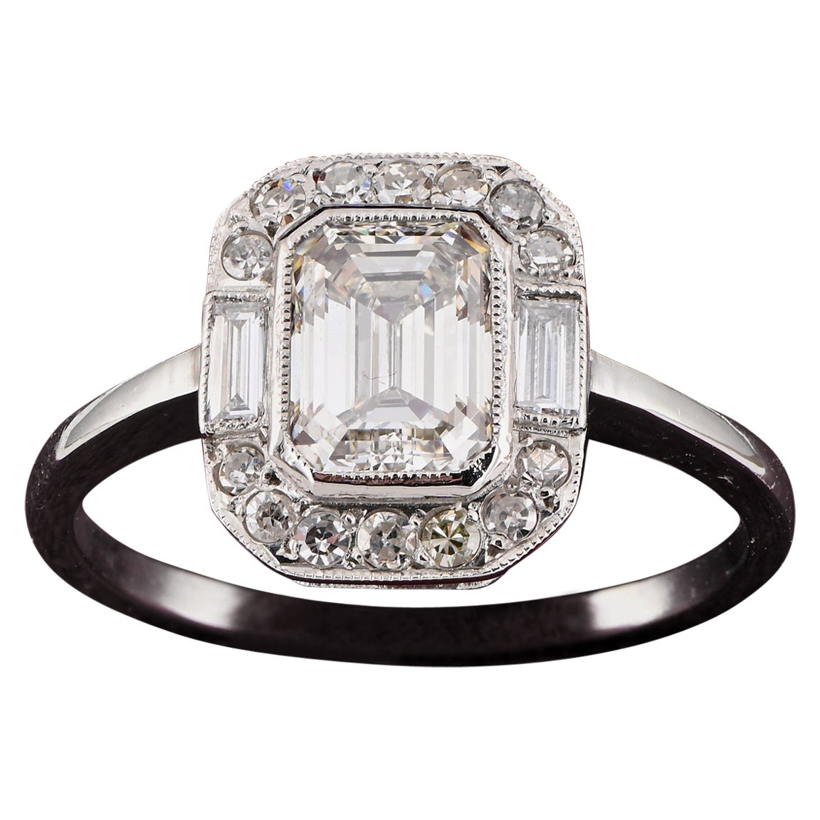 Art Deco 1.20 Ct Emerald Cut Diamond Solitaire Platinum Ring For Sale