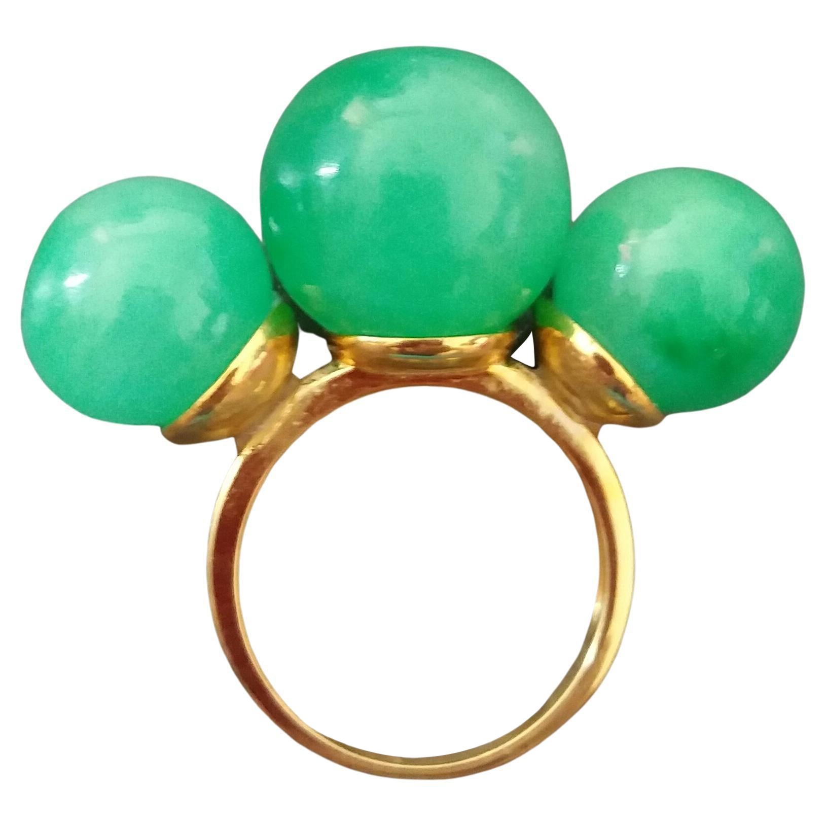 Three Round Plain Burma Jade Beads 14K Yellow Gold Cocktail Ring For Sale