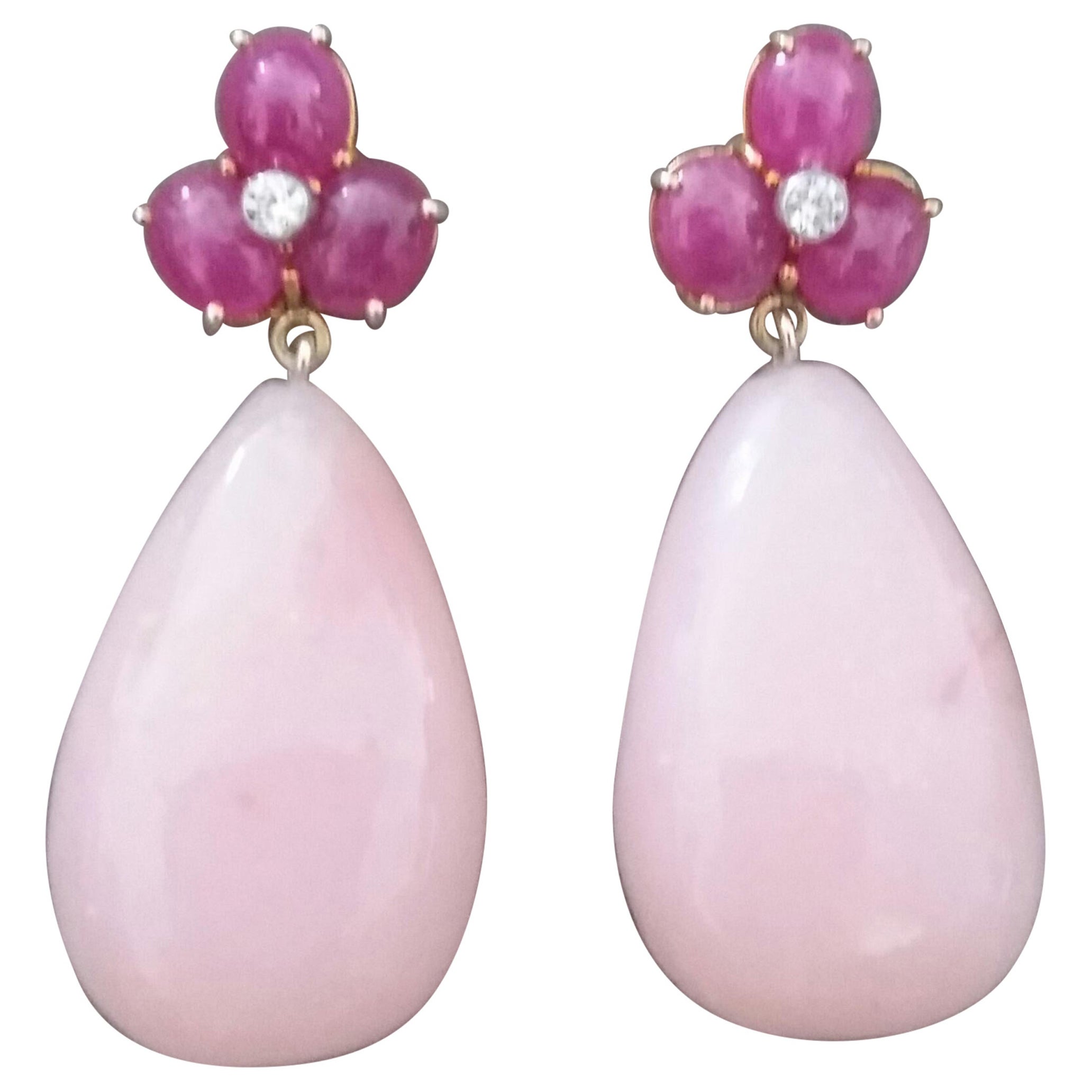 3 Ruby Oval Cabs 14 Kt Yellow Gold Diamonds Pink Opal Pear Shape Drops Earrings For Sale