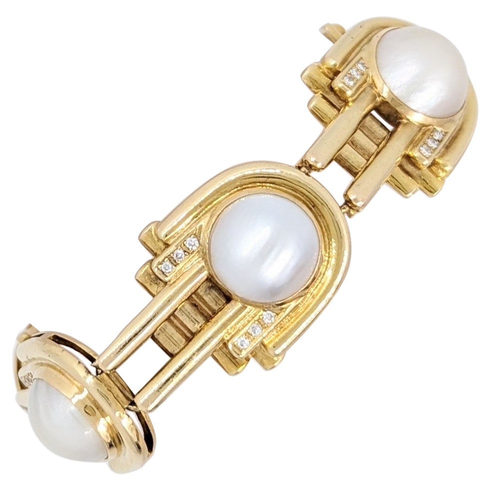 White Mabe Pearl and White Diamond Bracelet in 14K Yellow Gold For Sale