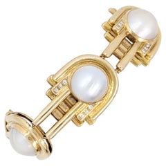 White Mabe Pearl and White Diamond Bracelet in 14K Yellow Gold