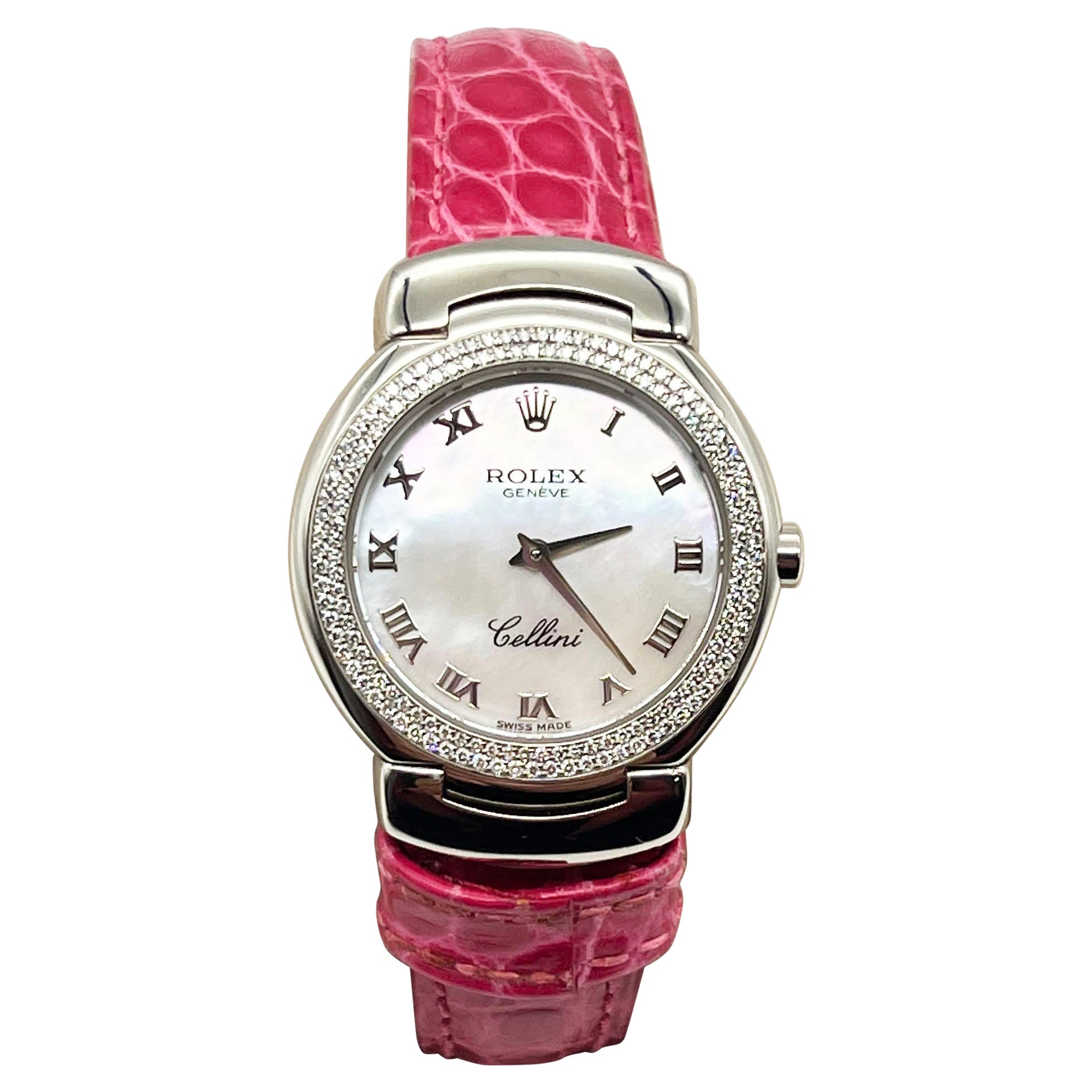 Rolex 6671 Cellini Cellissima MOP Roman Dial 18K White Gold Pink Leather Strap For Sale