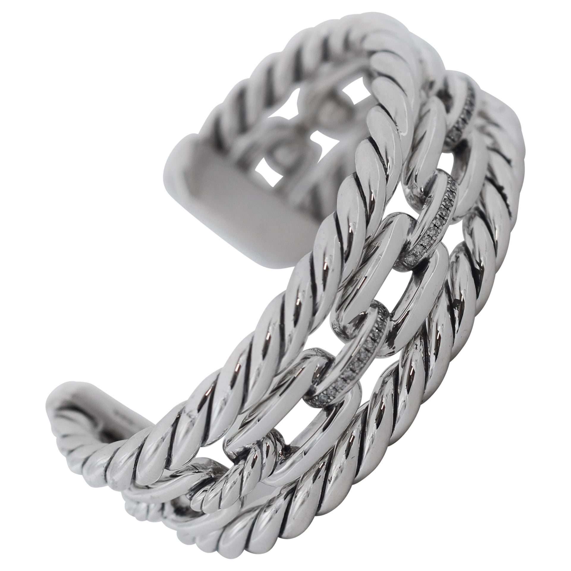 David Yurman 925 Silver Wellesley Link Pave Diamond Three-Row Cuff Bracelet