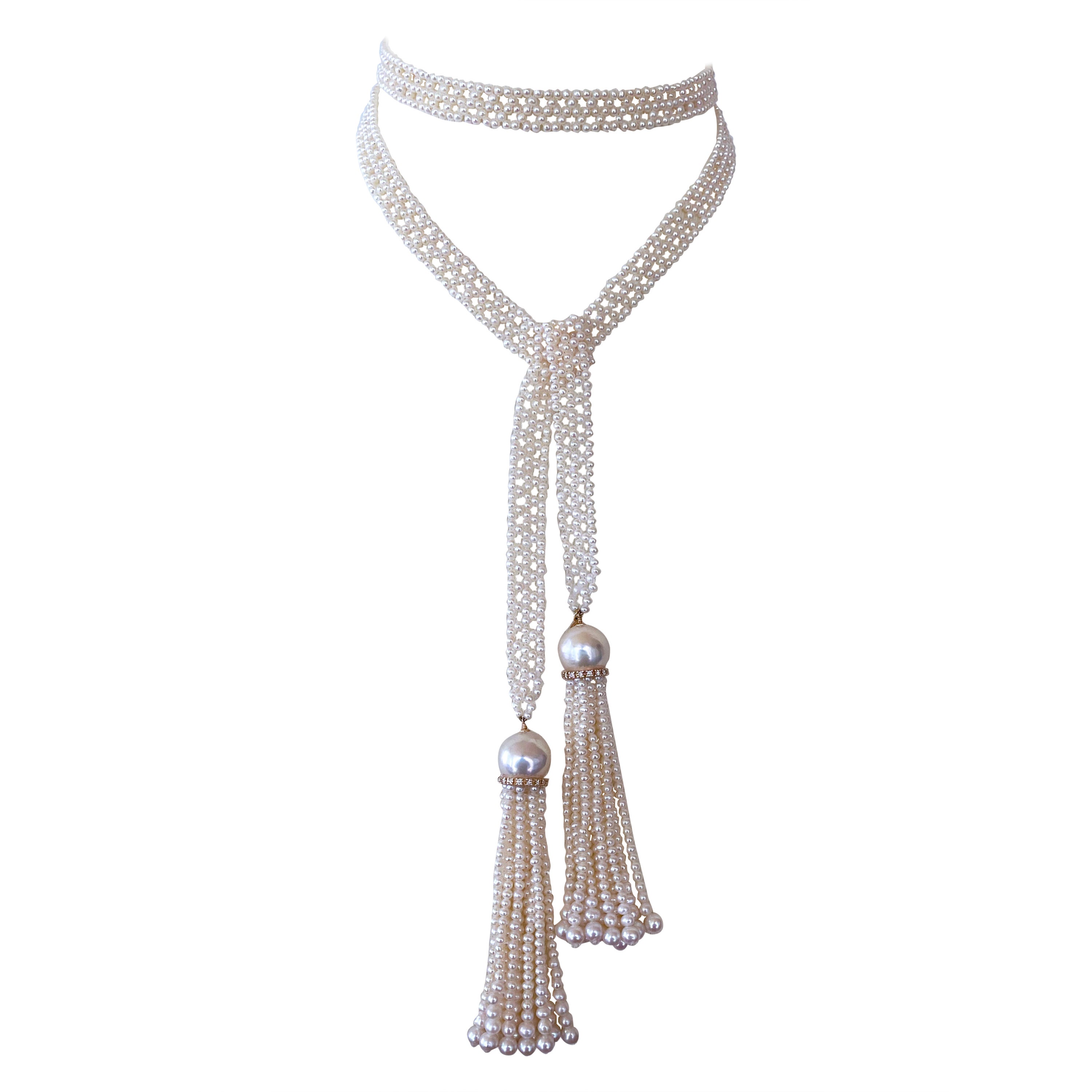 Marina J. Woven Pearl Sautoir with solid 14k Yellow Gold & Diamonds For Sale