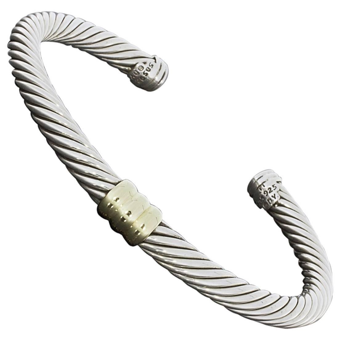 David Yurman Silver Gold Cable Classics Station Cuff Bracelet