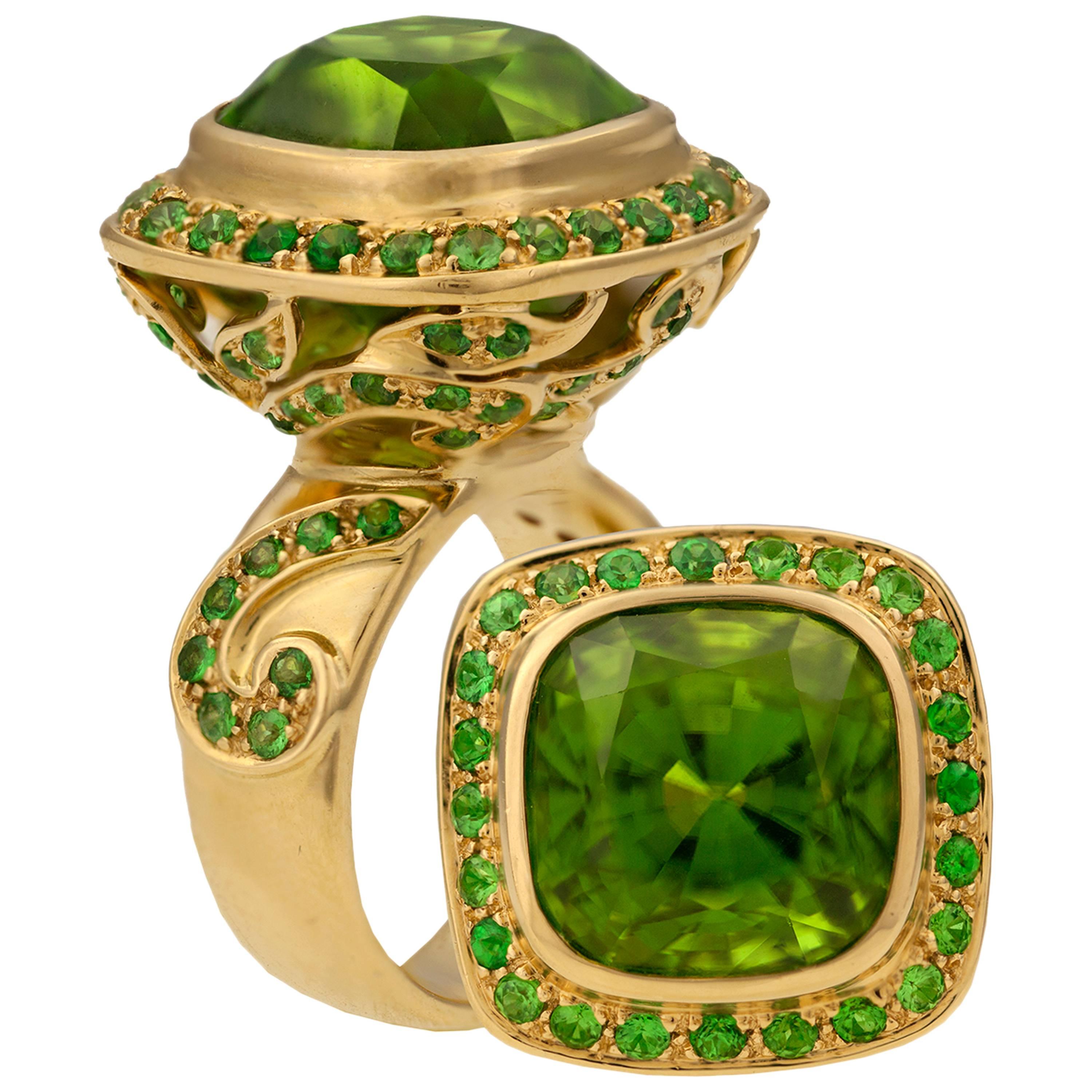 Crevoshay Captivating Handmade Peridot Tsavorite Gold Ring For Sale