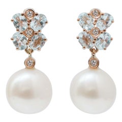 Pearls, Aquamarine, Diamonds, 14 Karat Rose Gold Earrings.