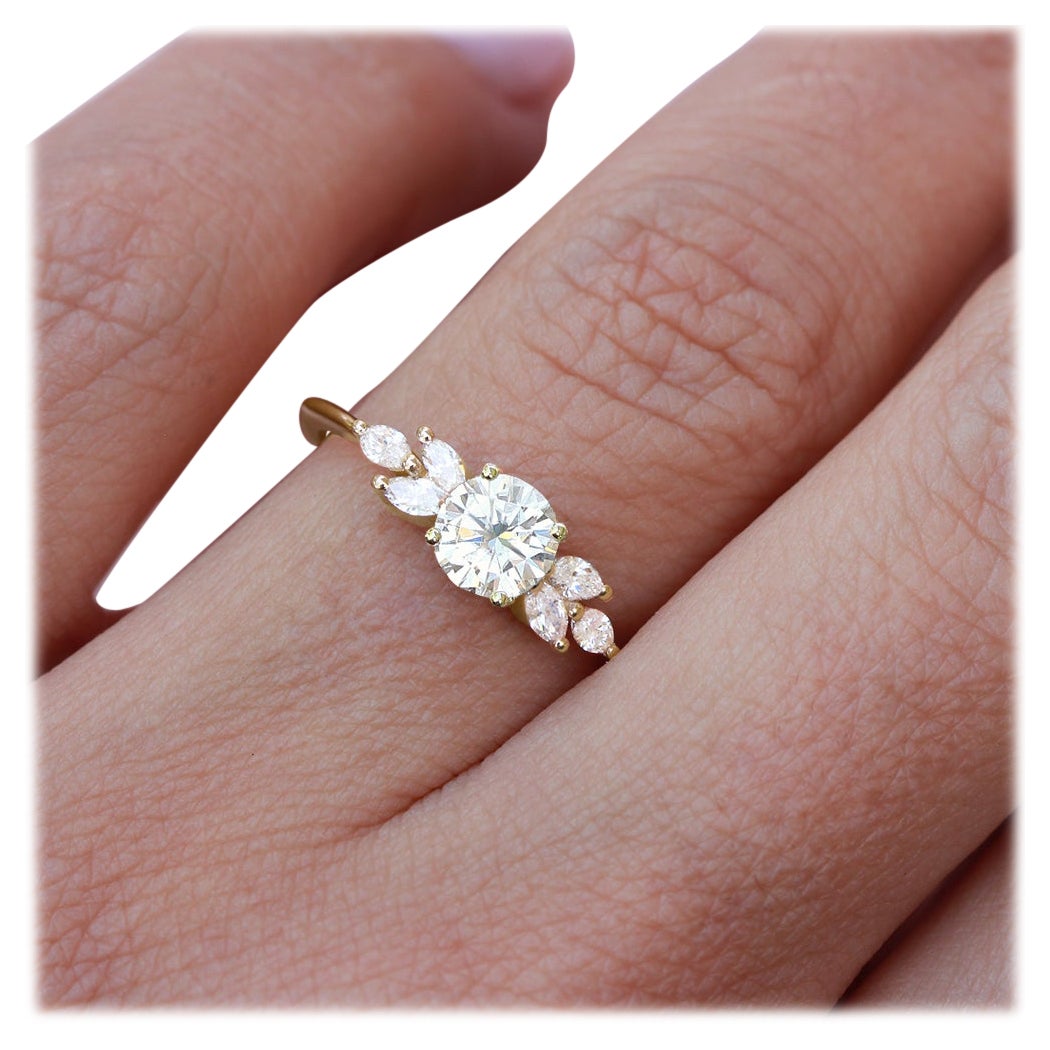 For Sale:  Round Moissanite and Marquise Diamond 14K Solid Gold Modern Ring Penelope