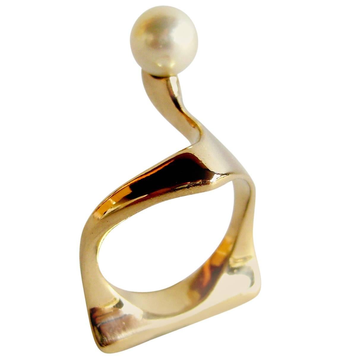 1950s Pearl Gold Abstract American Modernist Ring
