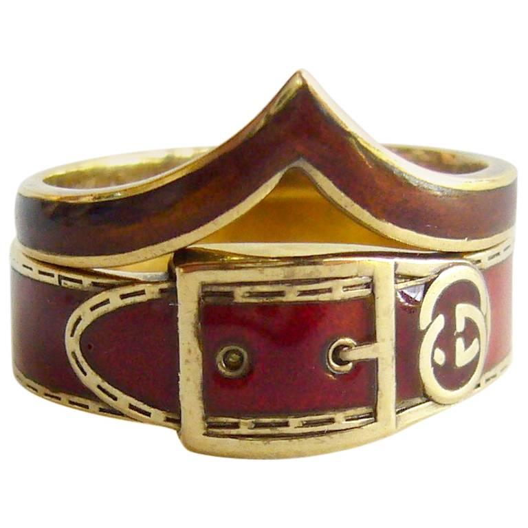 Gucci Enamel Sterling Silver Gold Vermeil Stacking Buckle Rings