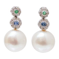 Pearls, Emeralds, Sapphires, Diamonds, 14 Karat White Gold Earrings.