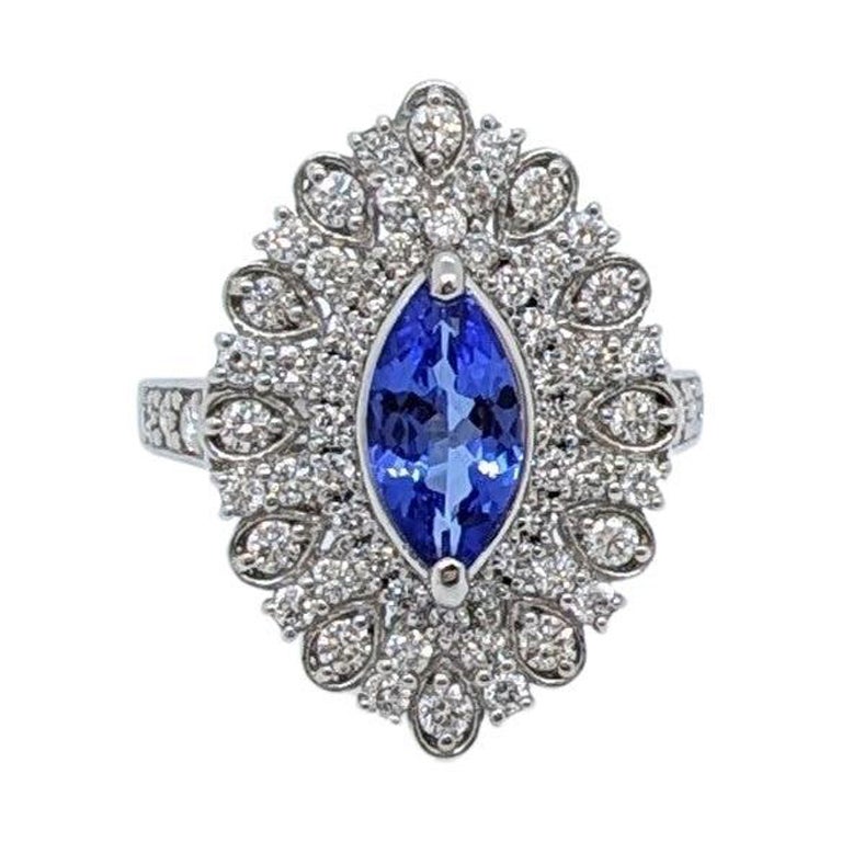 Tanzanite Marquise and White Diamond Round Cocktail Ring in Platinum For Sale