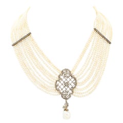 Edwardian Pearl and Diamond Rose Gold Silver Multi Stand Bib Necklace