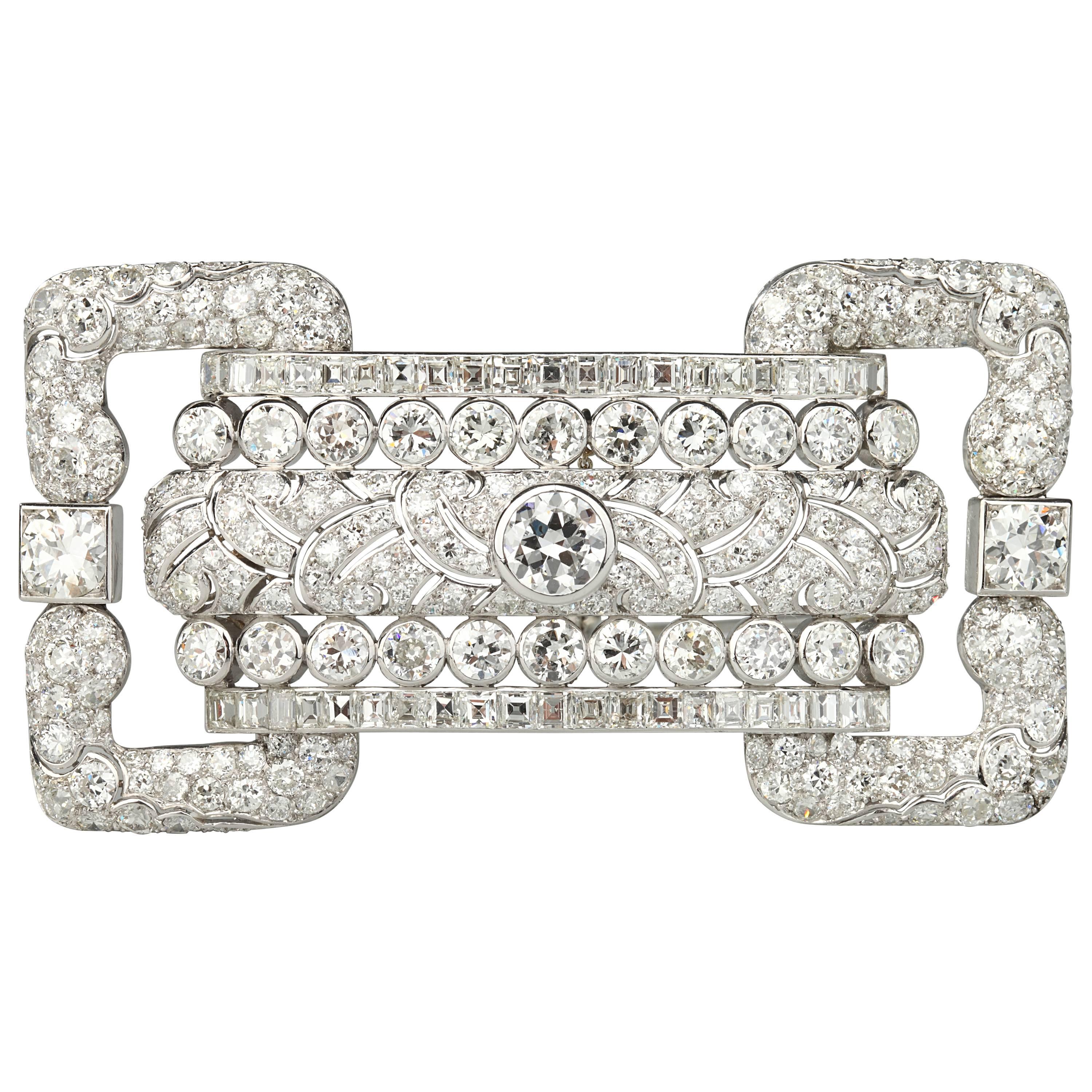 Art Deco French Large Diamond Platinum Brooch For Sale