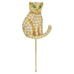 18k Yellow Gold Diamond & Emerald Cat Stick Pin