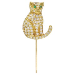 Vintage 18k Yellow Gold Diamond & Emerald Cat Stick Pin