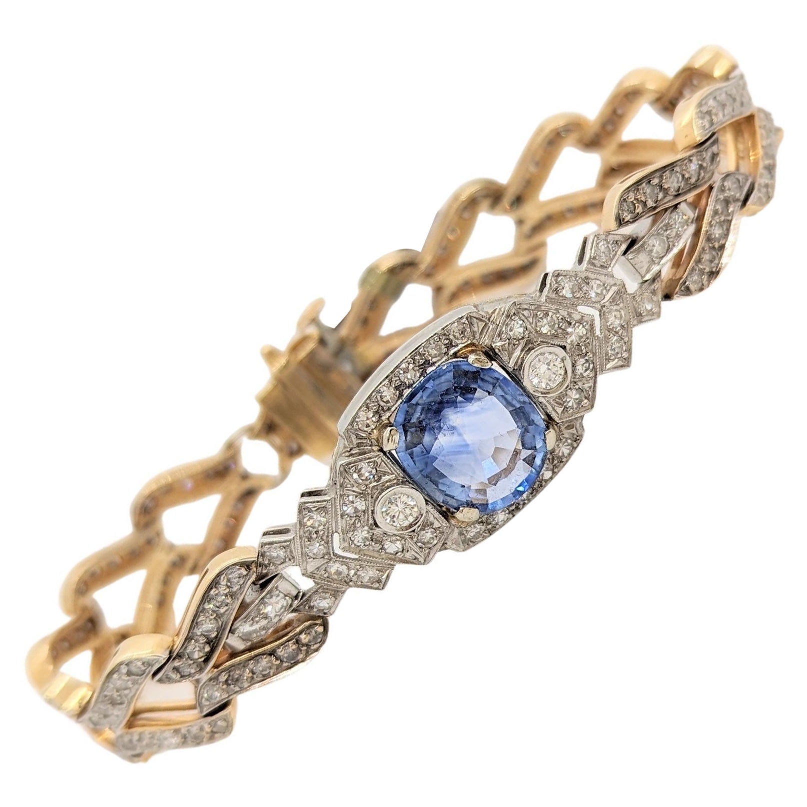 Blue Sapphire Oval and White Diamond Round Bracelet in 14K 2 Tone Gold For Sale