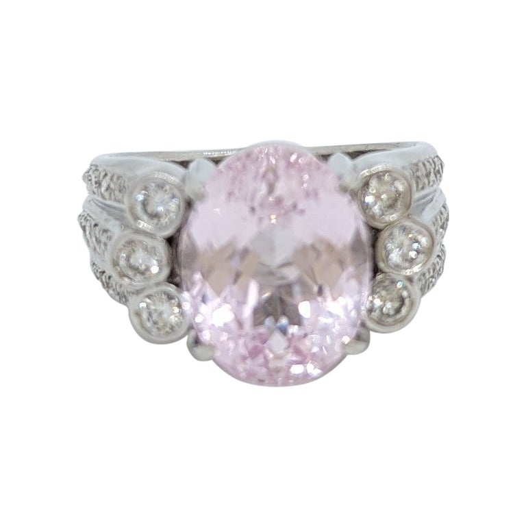 Pink Kunzite Oval and White Round Diamond Cocktail Ring in Platinum 