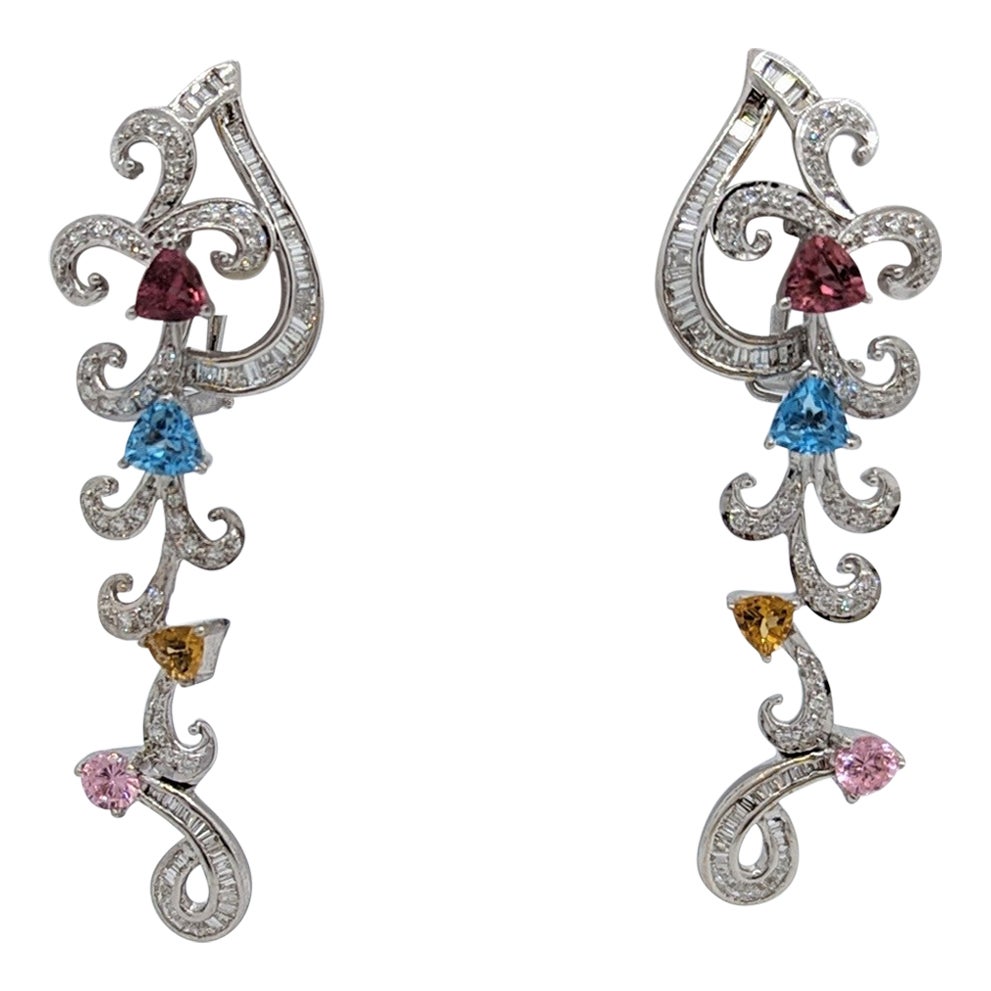 Multi-Color Gems and White Diamond Dangle Earrings in 18K 