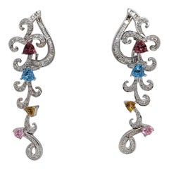 Multi-Color Gems and White Diamond Dangle Earrings in 18K 