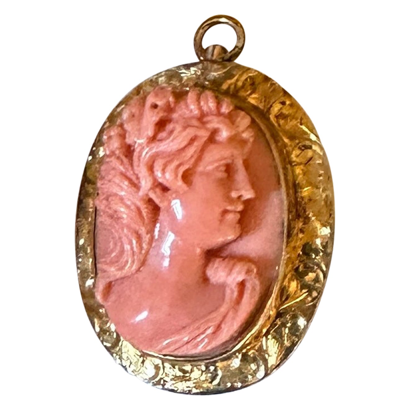 Bacchus Coral Cameo Pendant Necklace Gold Neoclassical God Dionysus Victorian For Sale