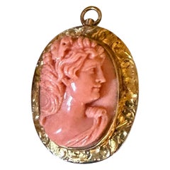 Vintage Bacchus Coral Cameo Pendant Necklace Gold Neoclassical God Dionysus Victorian