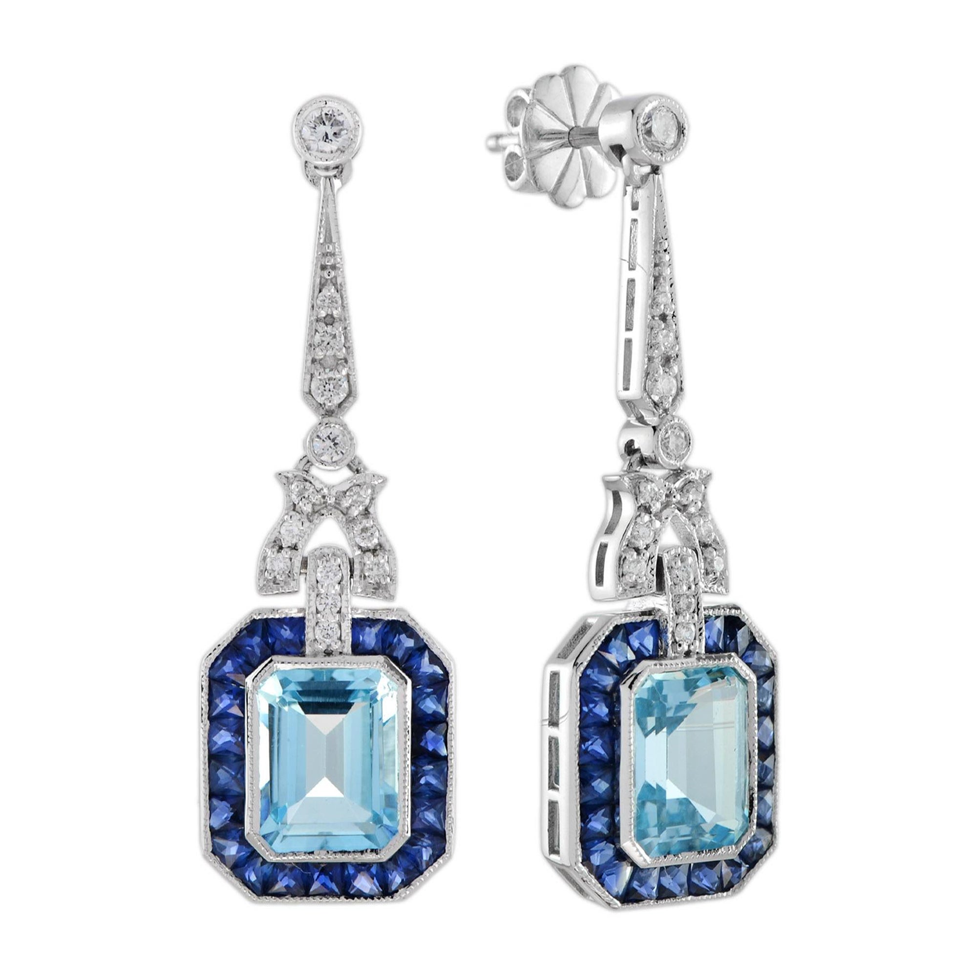 Blue Topaz and Sapphire Diamond Art Deco Style Drop Earrings in 14K White Gold