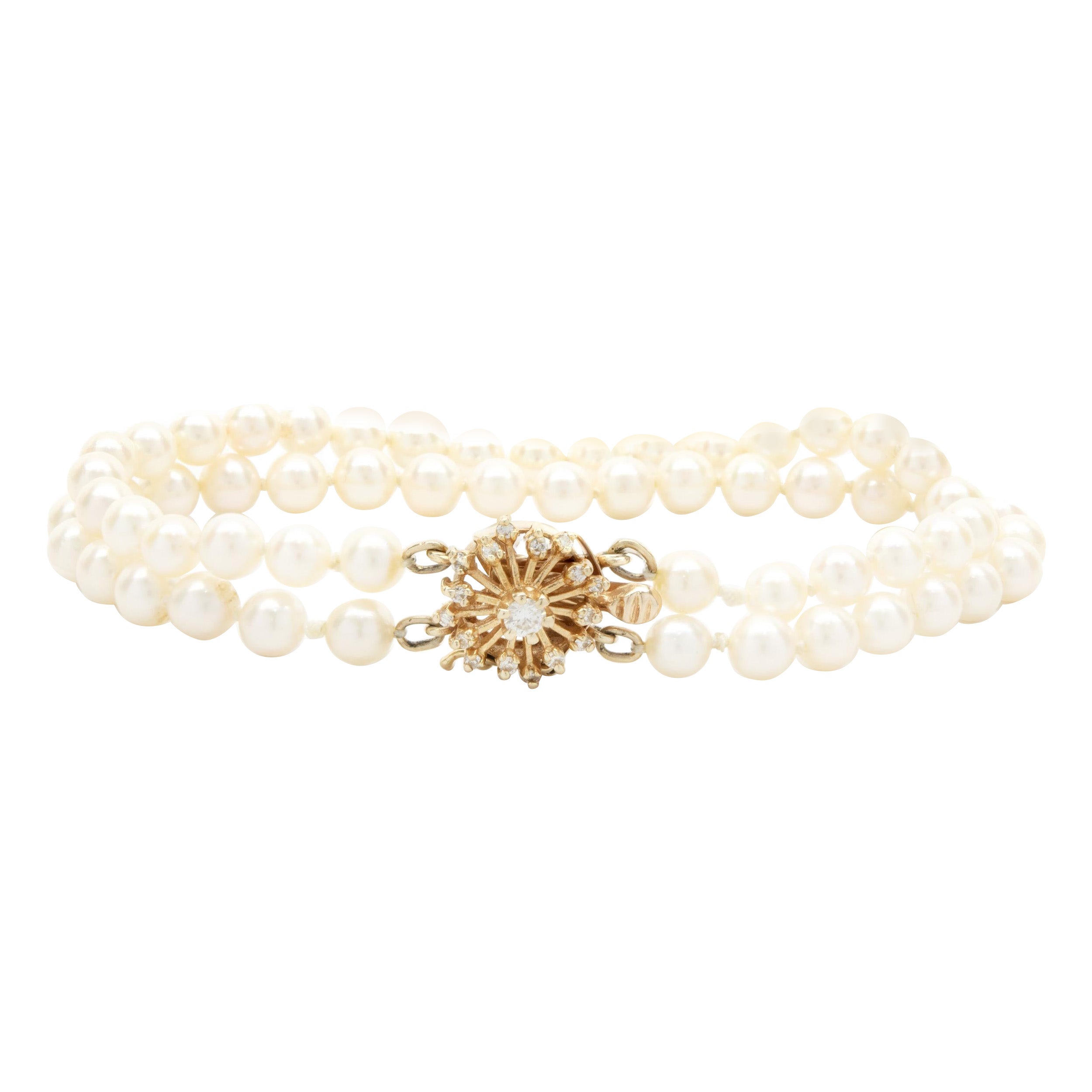 Bracelet vintage à double rangée de perles et de diamants en or jaune 14 carats
